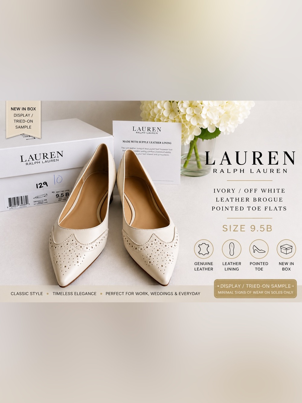 Lauren Ralph Lauren Ivory Leather Pointed Toe Flats NIB Display Sample 9.5B